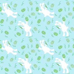 Fototapeta premium Cartoon animals seamless Easter eggs and rabbit and paint bunnies pattern for wrapping paper and kids clothes print