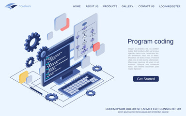 Program coding, application development, software construction flat 3d isometric vector concept illustration