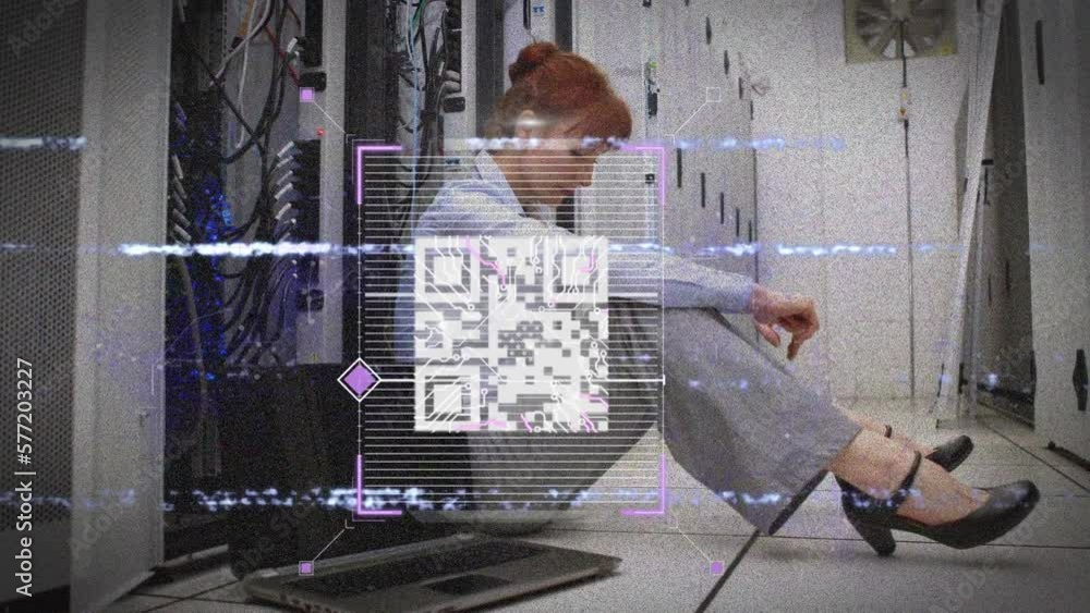 Wall mural Animation of interference, qr code, fingerprint and data over woman working in server room