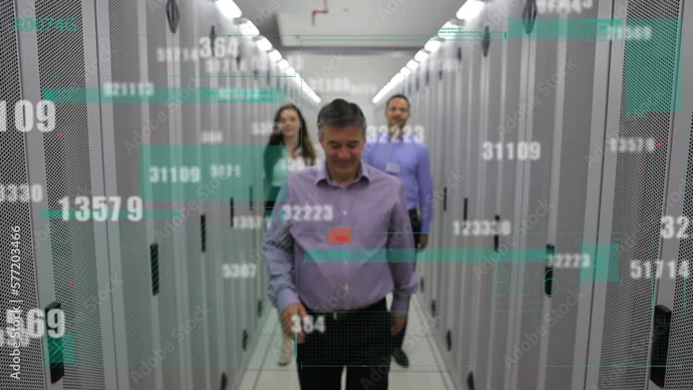 Poster animation of data processing over caucasian workers in server room