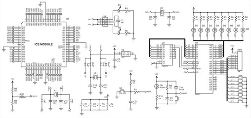 Vector electrical schematic diagram of a digital
electronic device with led indicators, operating under the control of a microcontroller.
Technical (engineering) drawing.