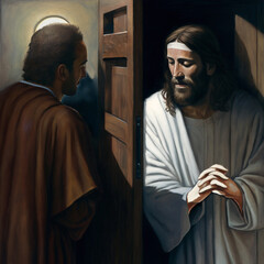 Jesus in the confessional. Ai generated illustration - obrazy, fototapety, plakaty