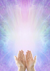 Faith Healers Blue Border Template Background - female open palm hands at bottom and Copy Space...