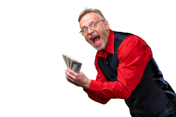 Much money in hands. Dollars in hands. Man holds dollar piles of dollars bills.