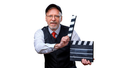 Senior man holds film flap close up. Film directing. Film production. Human emotions.