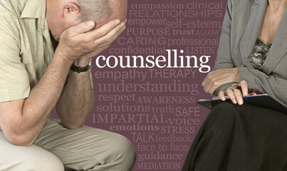 Take your troubles to a Counseling Session and get help Word Cloud Concept - male with head in...