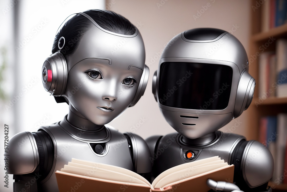 Poster two antropomothic robots androids doing home task, concept of machine learning. ai generative illust