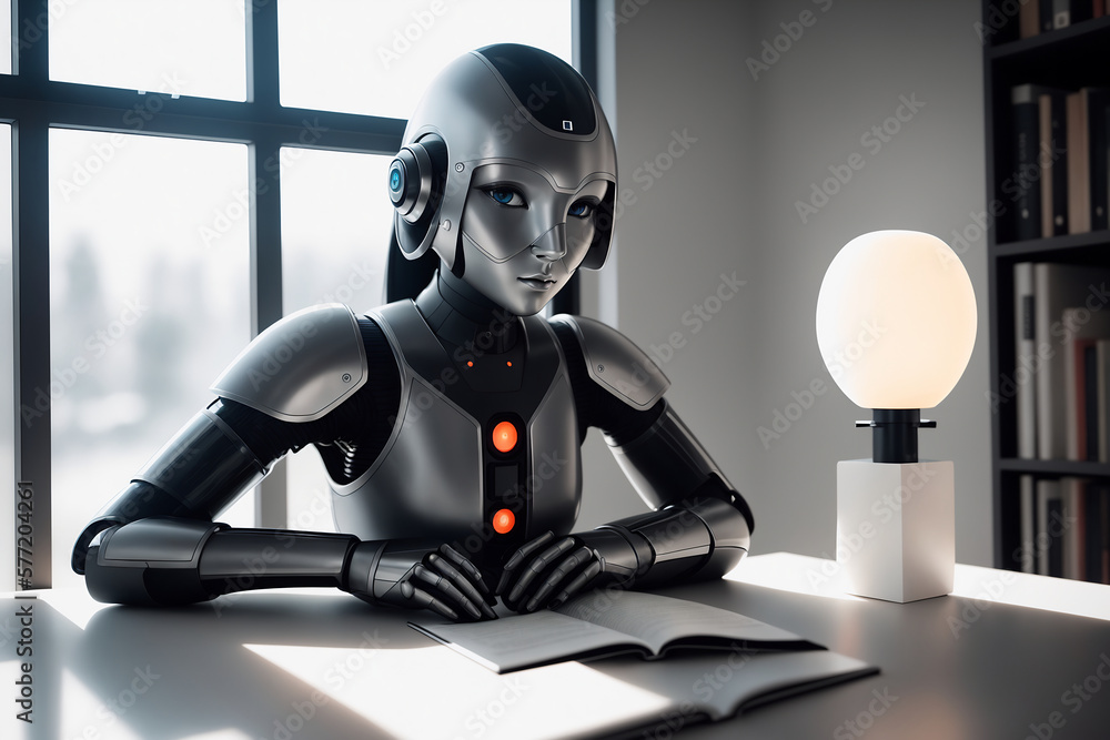 Aufkleber an antropomothic robot android reading a book, concept of machine learning. ai generative