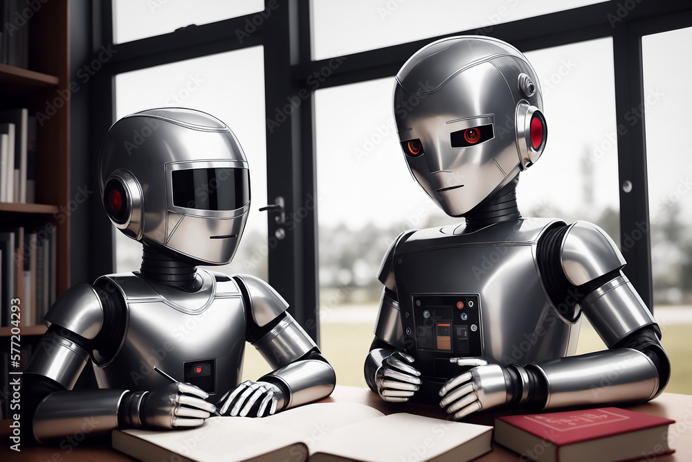 Poster two antropomothic robots androids doing home task, concept of machine learning. ai generative illust