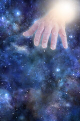 God's Helping Hand Background Template - large masculine hand emerging from deep space top corner...