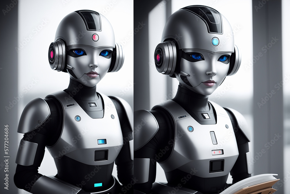 Poster two antropomothic robots androids doing home task, concept of machine learning. ai generative illust
