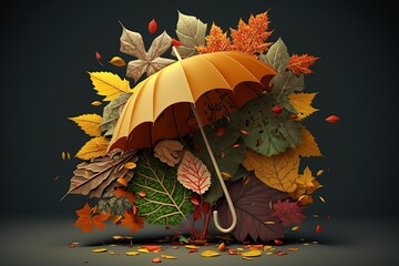 illustration, autumn leaves dispensing umbrellas, ai generative
