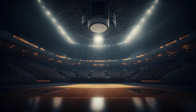 Empty basketball court or basketball arena, with flod lights with no people, Empty basketball sports arena , generative ai