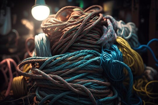 illustration, a bunch of used fishing ropes ,generative ai
