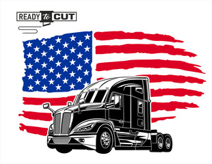  Classic american semi truck. Isolatet vehicle with USA flag on white background. Ready for printing and cutting for printing and cutting (Cricut, Silhouette, Cameo). 