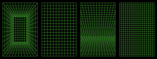 Distorted vertical neon grid set. Retrowave, synthwave, rave, vaporwave. Green color neon. Trendy retro 1980s, 90s, 2000s style. Print, poster, banner.