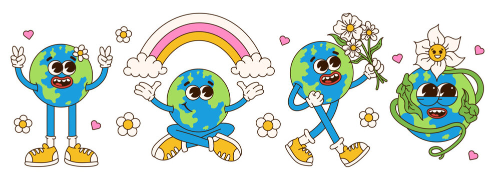 Retro earth cartoon character.  Earth Day. Save planet  conception. World Environment Day. Trendy groovy 70s style illustration. Vector funny illustration. 