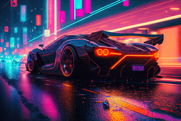 Obraz na płótnie Canvas Fast Sports Car Driving in Cyberpunk City with Neon Lights - Generative AI