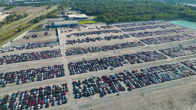 Used Damaged Cars On Auction Reseller Company Big Parking Lot Ready For Resale Services. Sales Of Secondhand Vehicles For Rebuilt Or Salvage Title