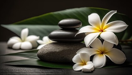 Fototapeta na wymiar spa or meditation massage therapy center banner of white plumeria white flowers and stack of black stones - Generative AI