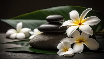 Foto op Canvas spa or meditation massage therapy center banner of white plumeria white flowers and stack of black stones - Generative AI © sizsus