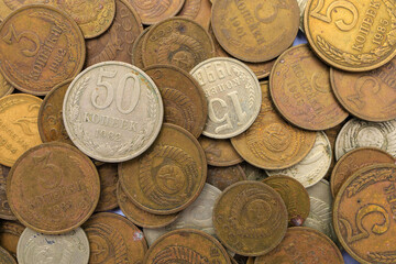 Soviet coins close up. USSR coins, top view. Old coins for numismatics. Historical heritage. Background
