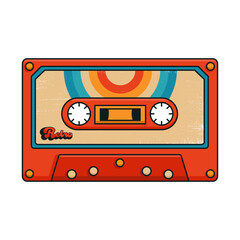 Cassette with retro label as vintage object for 80s revival mix tape design, party poster or cover. Realistic vector sign or icon