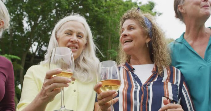 Animation of diverse happy senior female and male friends toasting with wine in garden