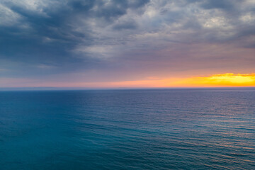 Aerial view of sunset of Bunec Beach area in Summer 2022, Albania