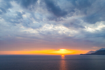 Aerial view of sunset of Bunec Beach area in Summer 2022, Albania