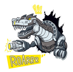 T Rex poster. Robot Dinosaur illustration. Angry dino character. Metallic robotically predator. Cartoon t-rex say Roarrr with futuristic weapon in hands. © Kseniia Koval