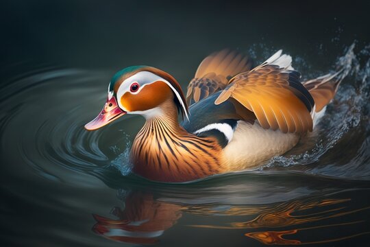 illustration, mandarin duck entering a lake, ai generative