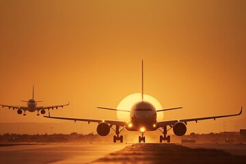 Fototapeta na wymiar illustration, passenger planes and a strong sun that delays the landing, ai generative