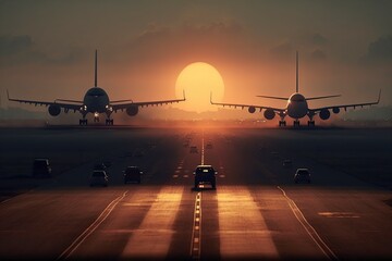 illustration, passenger planes and a strong sun that delays the landing, ai generative