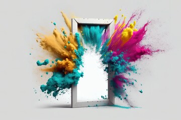 Fototapeta na wymiar Door frame with explosion of pain powders over white background. Generative AI