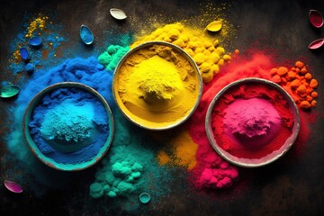 Top view of colorful powders for Holi celebrations over dark background. Generative AI