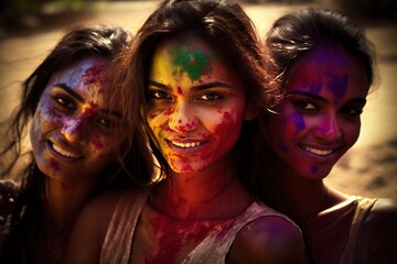 Group of Indian friends full of colors for Holi Festival. Generative AI