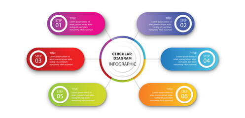 Business infographic process with circle template design with icons and 6 options or steps. Professional inforgraphic or info chart template isolated on white background with gradient colours	
