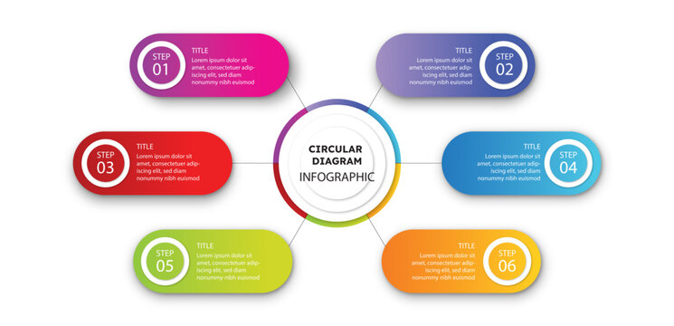 Business Infographic Process With Circle Template Design With Icons And 6 Options Or Steps. Professional Inforgraphic Or Info Chart Template Isolated On White Background With Gradient Colours	
