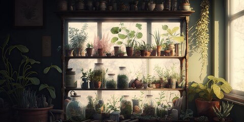 Impressive collection of rare plants arranged carefully on shelves against a backdrop of a sunlit window, concept of Organic Diversity and Colorful Display, created with Generative AI technology