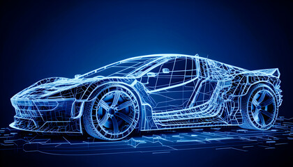 Naklejka premium Frontside Futuristic AR Supercar wireframe concept, generative ai, Augmented reality wireframe of car concept with blue background 