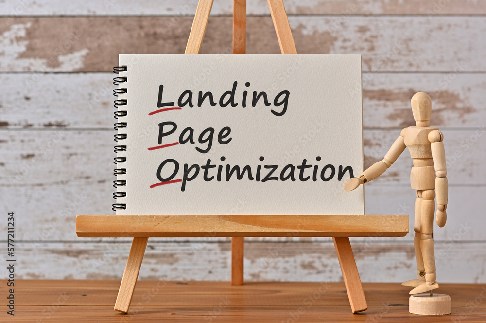 Poster there is notebook with the word landing page optimization. it is an eye-catching image.