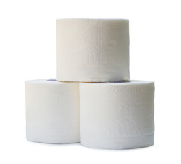 three rolls of white tissue paper or napkin in stack prepared for use in toilet or restroom isolated on white background with clipping path