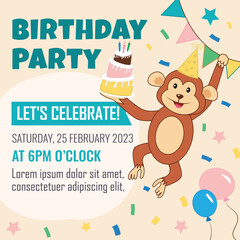 Happy birthday greeting card and party invitation template, vector illustration, cartoon style