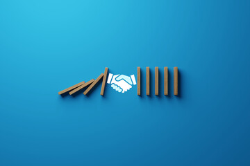 Dominoes falling over, stopped by hand and mediator. The concept of mediation and the use of mediator services. Mediation help for people in problems. 3D render, 3D illustration.