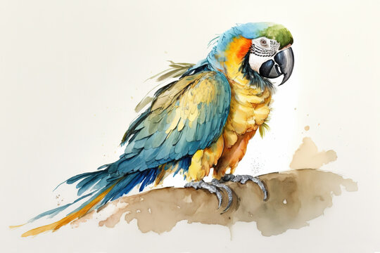 Macaw. Yellow and blue macaw watercolor illustration. Realistic bird. Generative AI