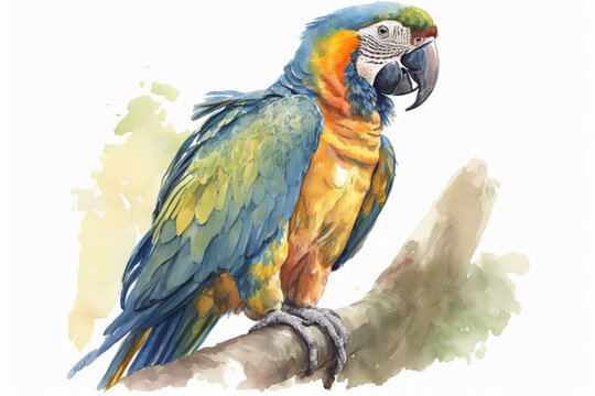 Macaw. Yellow and blue macaw watercolor illustration. Realistic bird. Generative AI