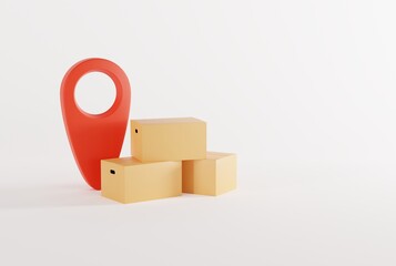 A courier package, cardboard boxes and a tag, geotagging. Parcel delivery concept, couriers and logistics companies. Courier parcels. 3D render, 3D illustration.