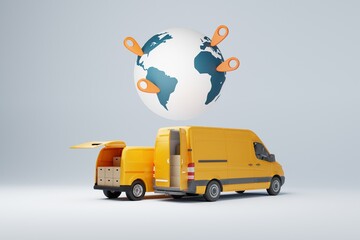 Vans, buses against the background of the planet and GEO markers. The concept of parcel delivery, logistics and courier work. 3D render, 3D illustration.