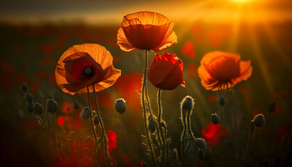 The beauty of poppies in the summer sun. Generative AI.
